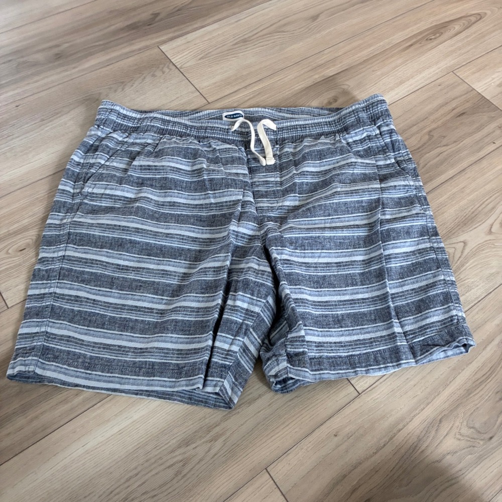 Old Navy Mens XL Linen Blend Striped Shorts Blue White Elastic Waist Drawstring